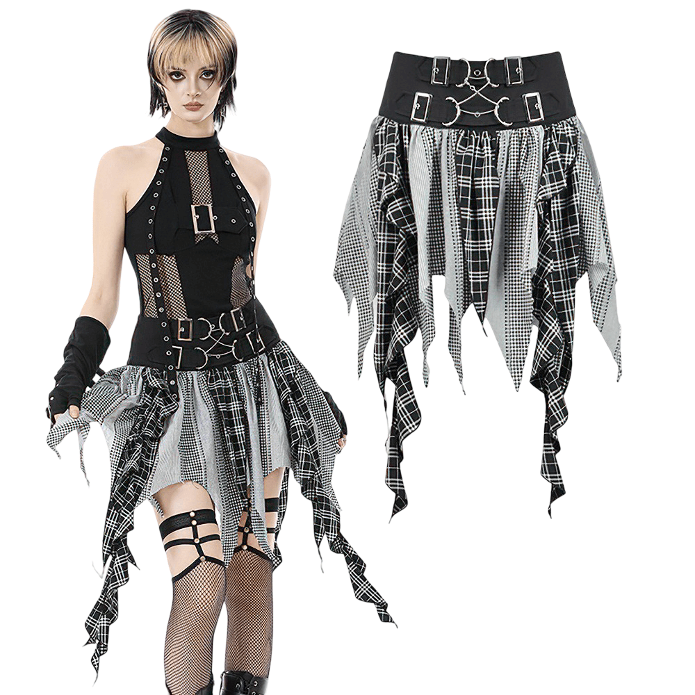 Plaid Skirt with Ruffled Design and Adjustable Belts showcasing bold gothic fashion.