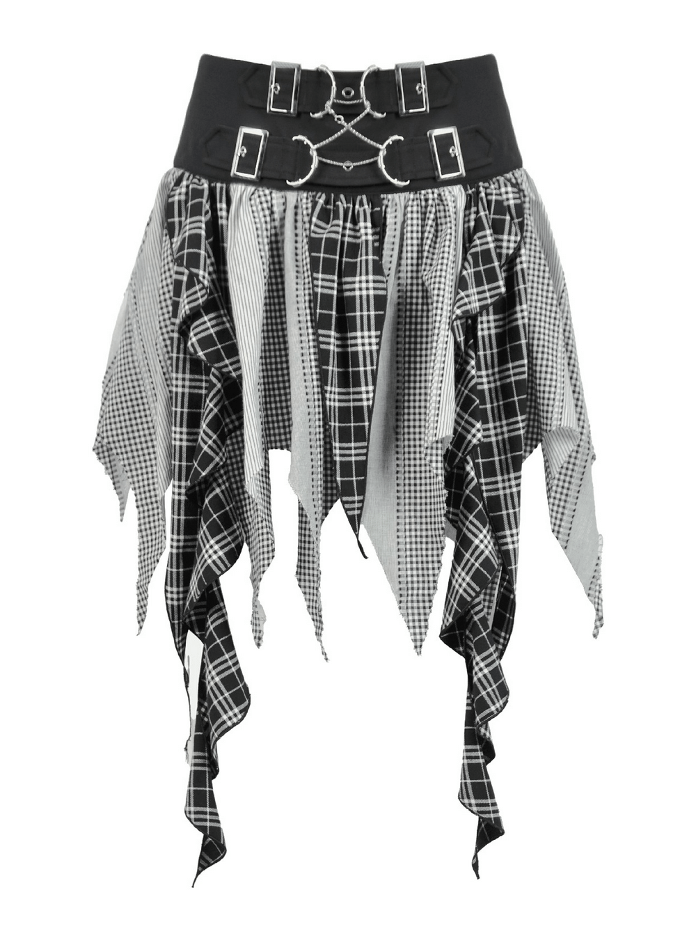 Plaid Skirt with Ruffled Design and Adjustable Belts showcasing a stylish black and white pattern and edgy ruffled layers.