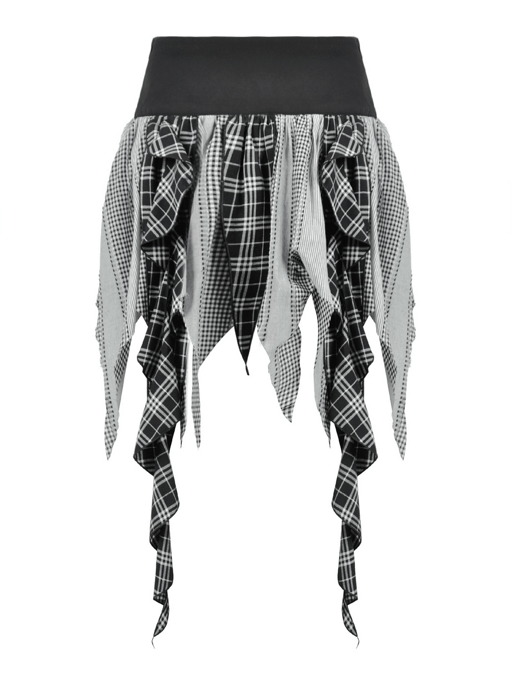 Plaid Skirt with Ruffled Design and Adjustable Belts with unique layers and edgy black and white pattern.