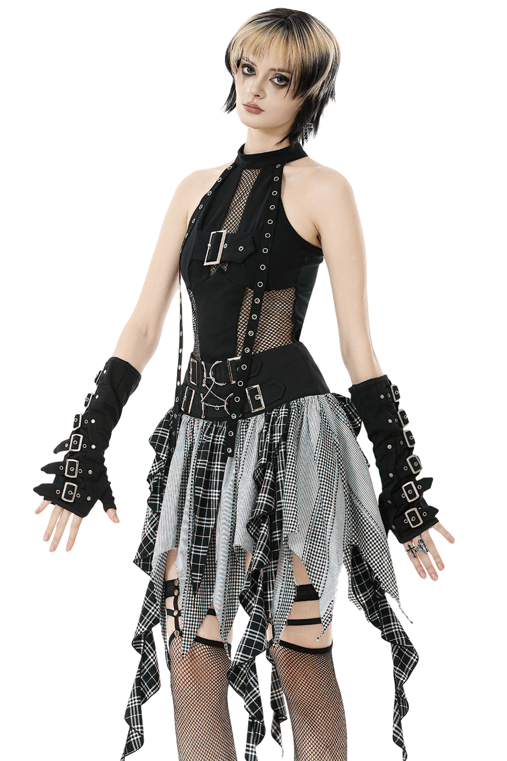 Plaid Skirt with Ruffled Design and Adjustable Belts featuring edgy layers and stylish accessories.