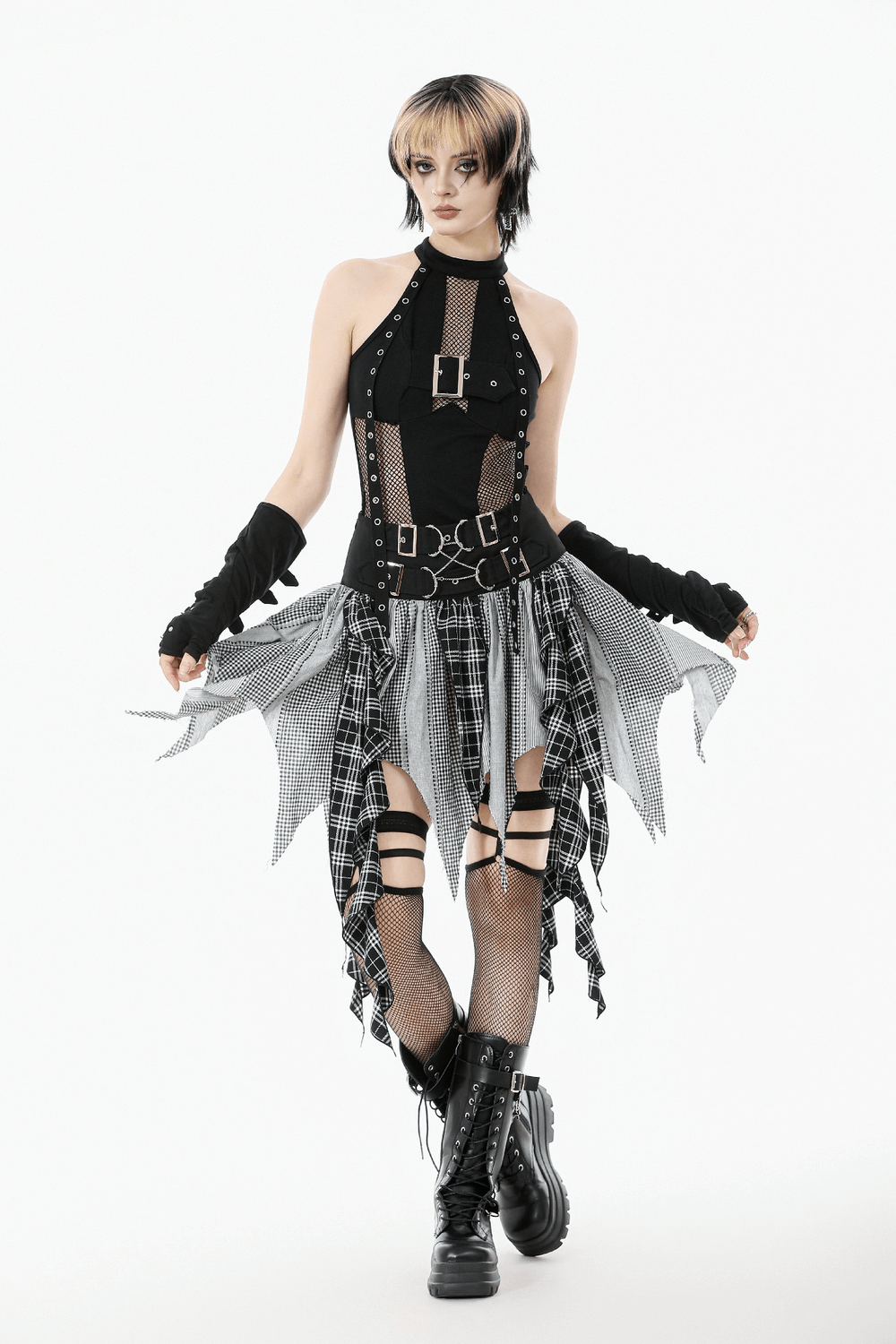 Plaid Skirt with Ruffled Design and Adjustable Belts styled in a bold gothic outfit with edgy details.