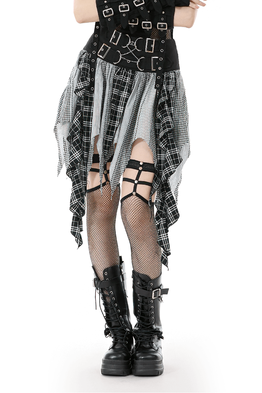 Plaid Skirt with Ruffled Design and Adjustable Belts showcasing a stylish gothic look with ruffled layers and edgy details.
