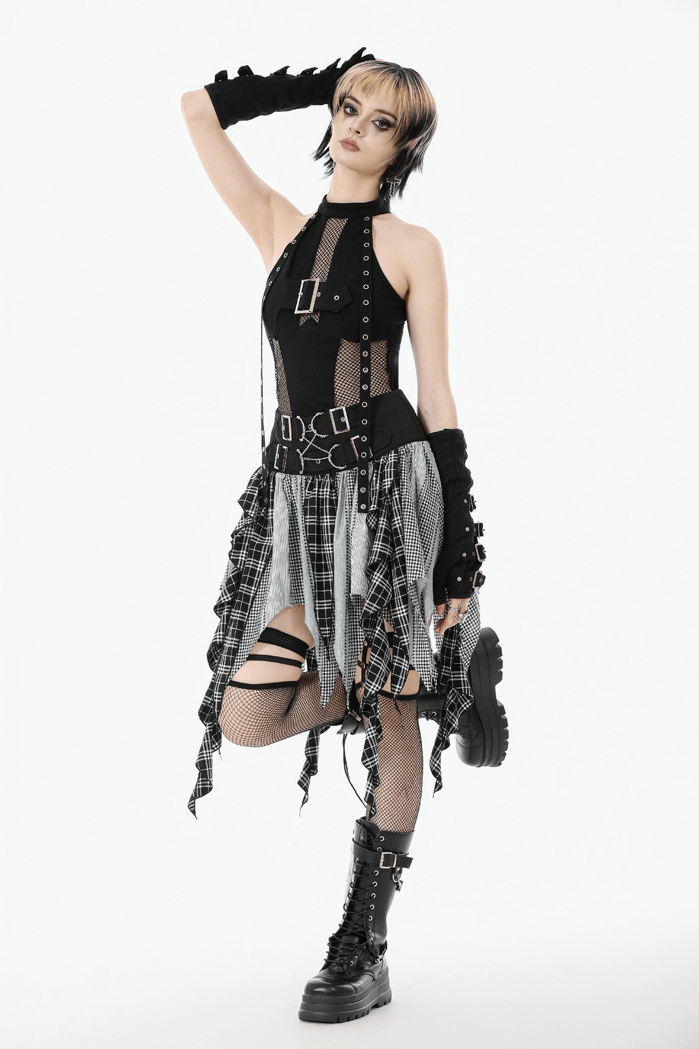 Plaid Skirt with Ruffled Design and Adjustable Belts, styled with edgy accessories for a bold gothic aesthetic.