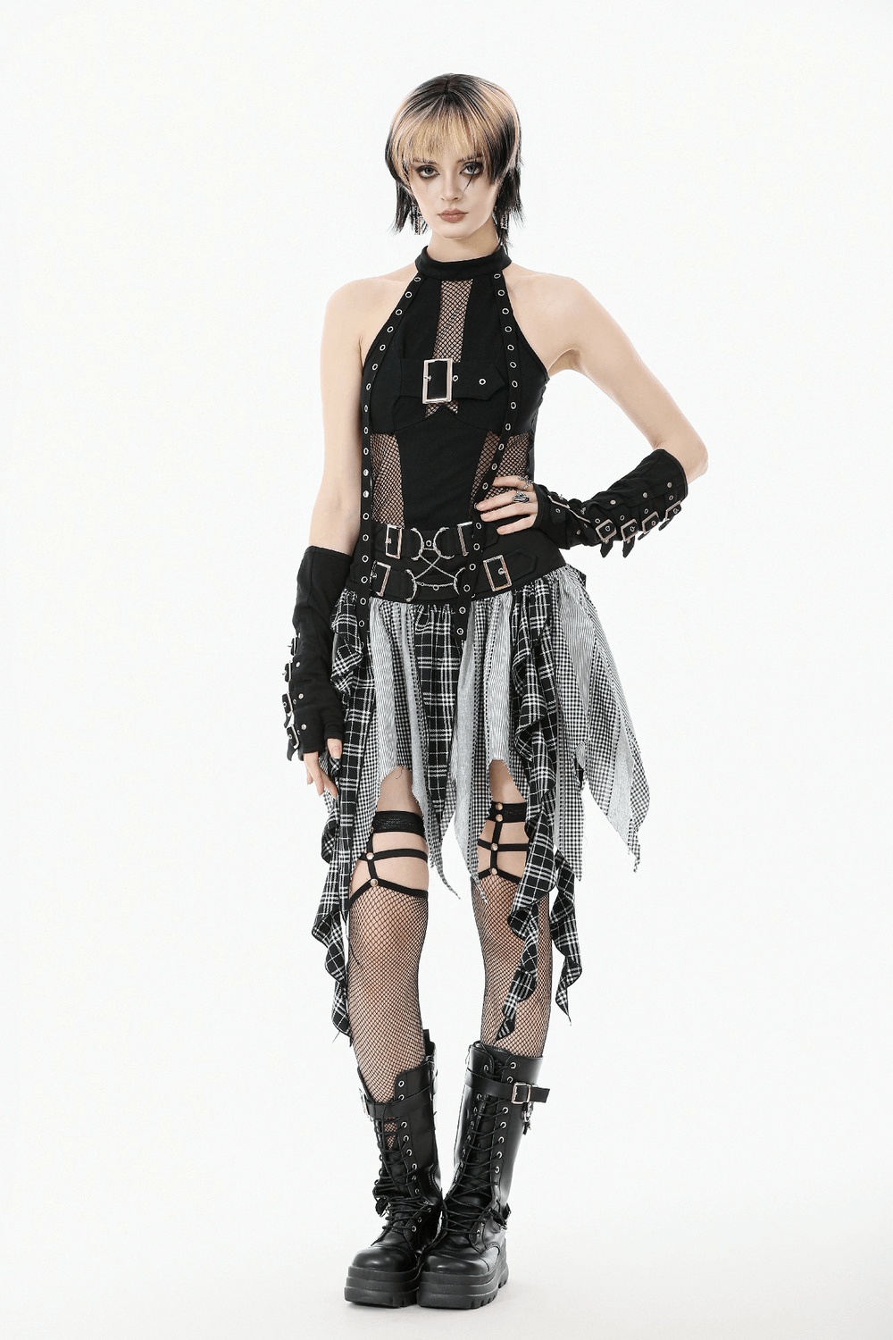 Plaid Skirt with Ruffled Design and Adjustable Belts showcased in edgy alternative fashion style.