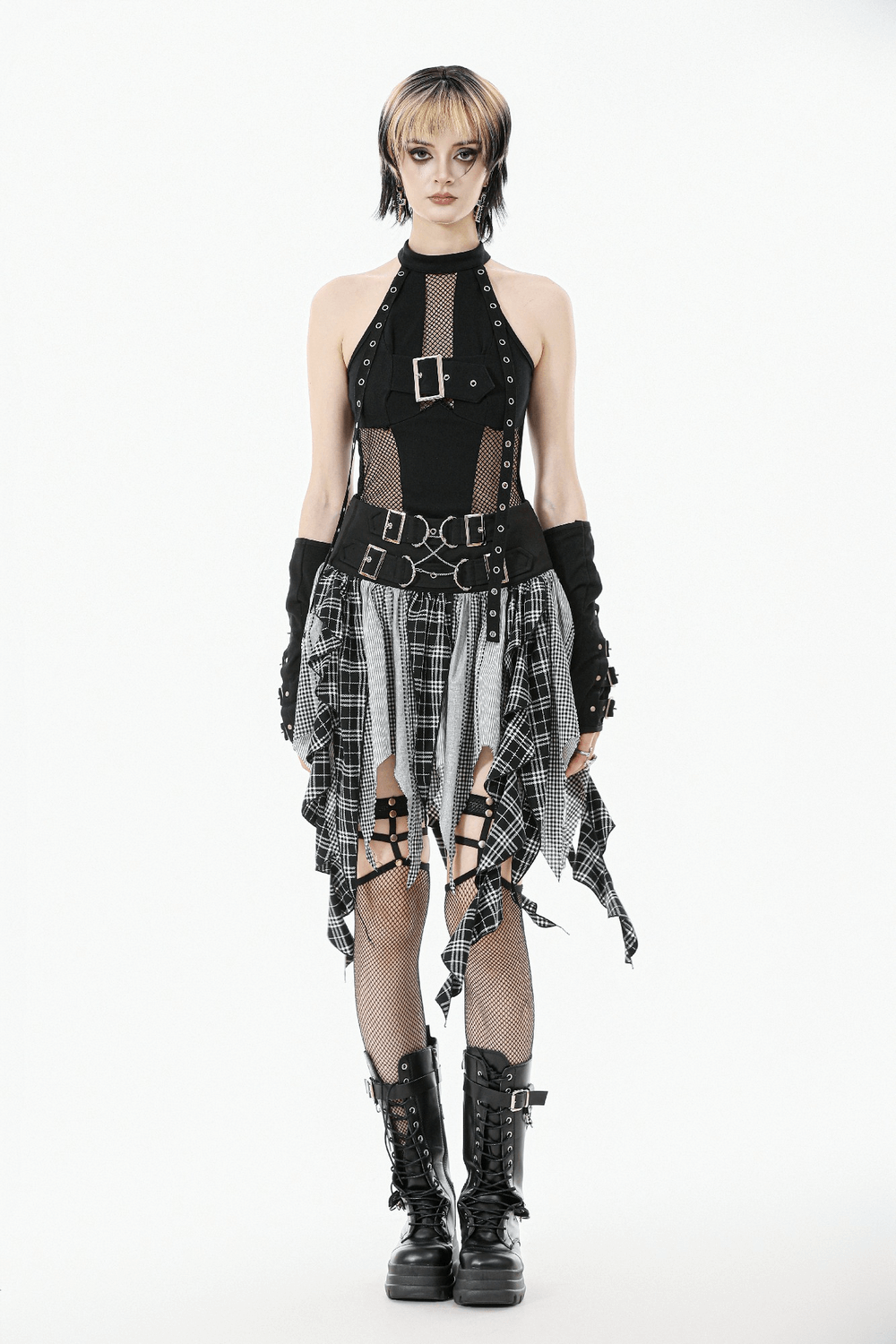 Stylish model wearing a Plaid Skirt with Ruffled Design and Adjustable Belts, showcasing edgy alternative fashion.