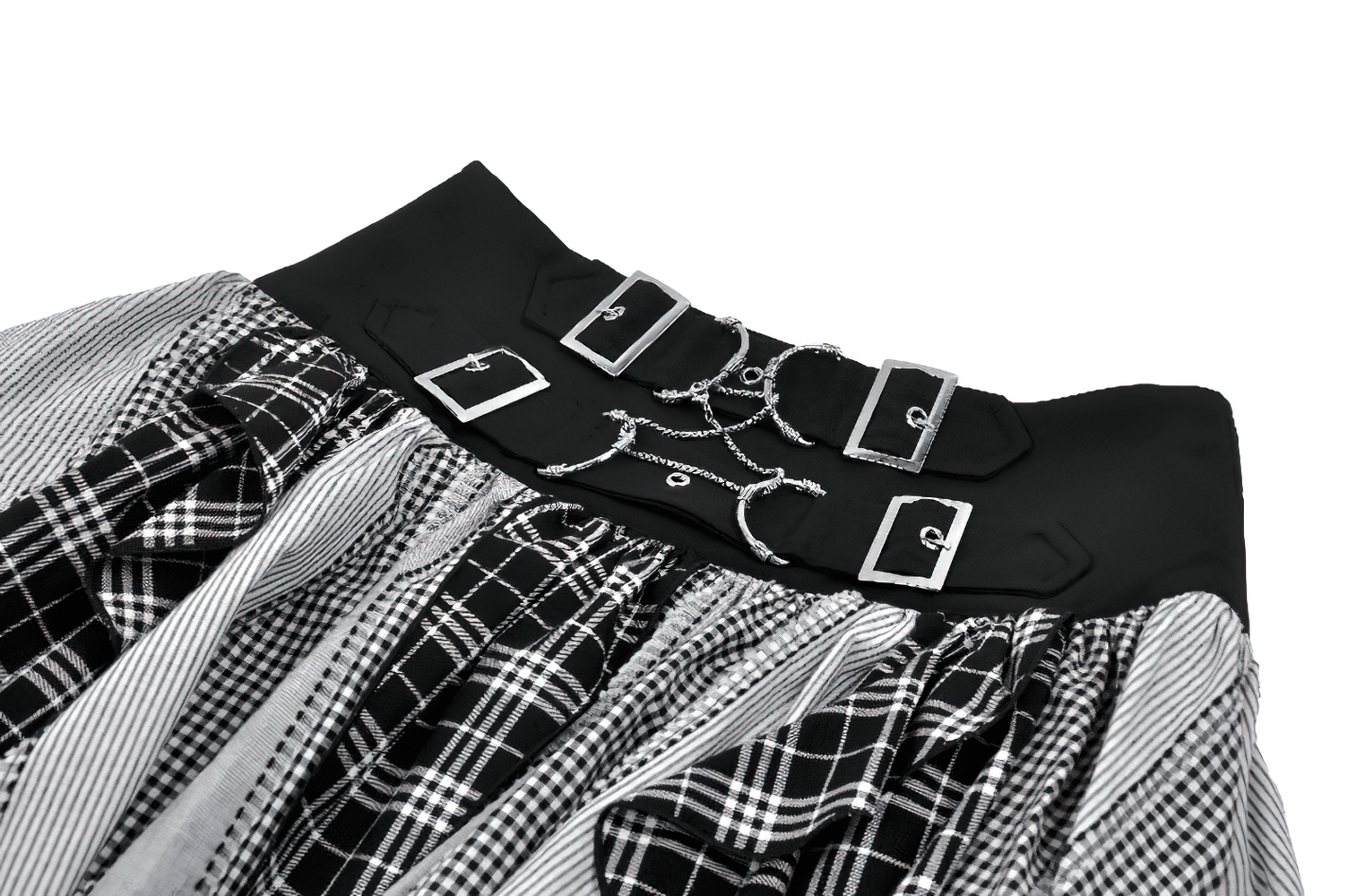 Plaid Skirt with Ruffled Design and Adjustable Belts featuring a unique ruffled layer and stylish belt detailing.