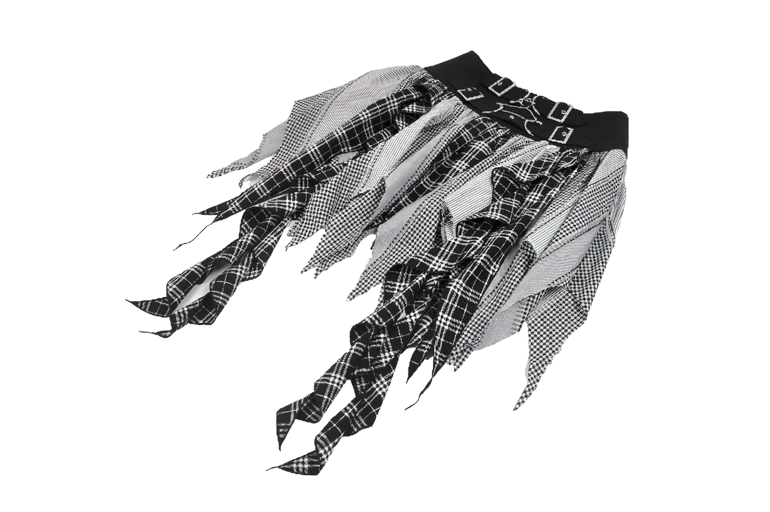 Plaid Skirt with Ruffled Design and Adjustable Belts featuring edgy plaid layers and adjustable metal belts.