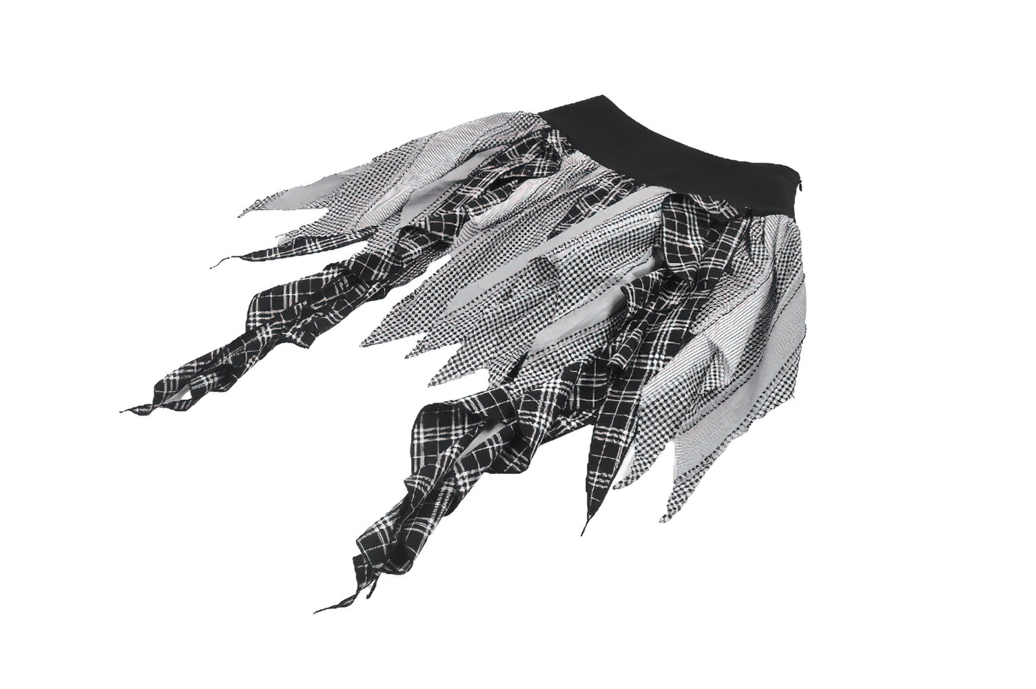 Plaid Skirt with Ruffled Design and Adjustable Belts showcasing bold black and white pattern and stylish ruffled layers.