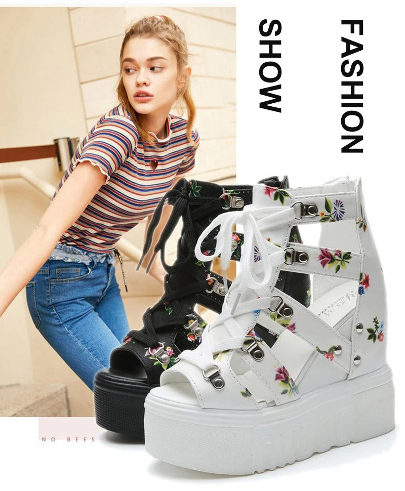 Platform Women Sandals With Floral Print / High Heel Open Toe Wedges / Chunky Ladies  Shoes - HARD'N'HEAVY