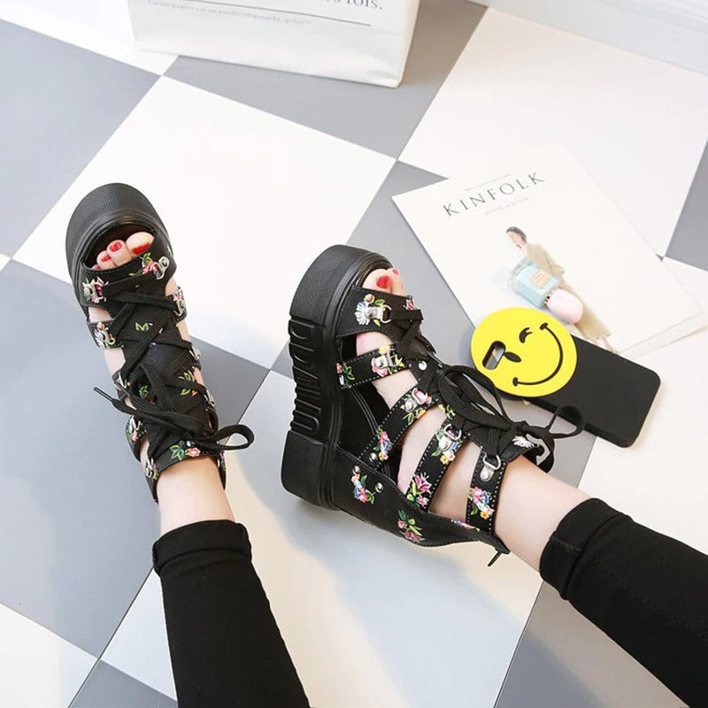 Platform Women Sandals With Floral Print / High Heel Open Toe Wedges / Chunky Ladies  Shoes - HARD'N'HEAVY