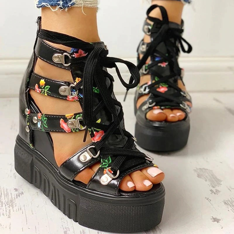 Platform Women Sandals With Floral Print / High Heel Open Toe Wedges / Chunky Ladies  Shoes - HARD'N'HEAVY