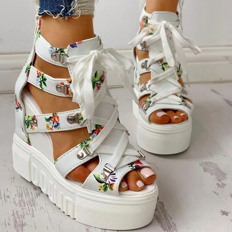 Platform Women Sandals With Floral Print / High Heel Open Toe Wedges / Chunky Ladies  Shoes - HARD'N'HEAVY