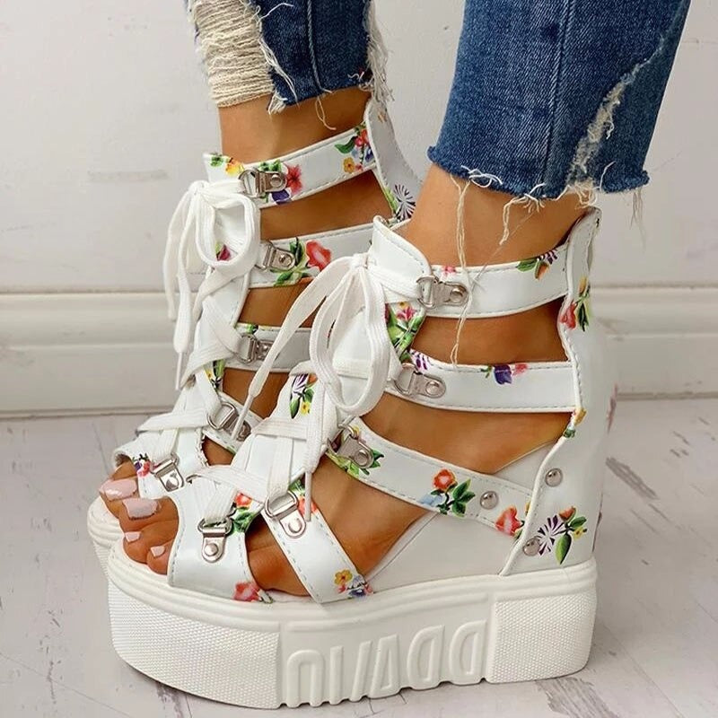 Platform Women Sandals With Floral Print / High Heel Open Toe Wedges / Chunky Ladies  Shoes - HARD'N'HEAVY