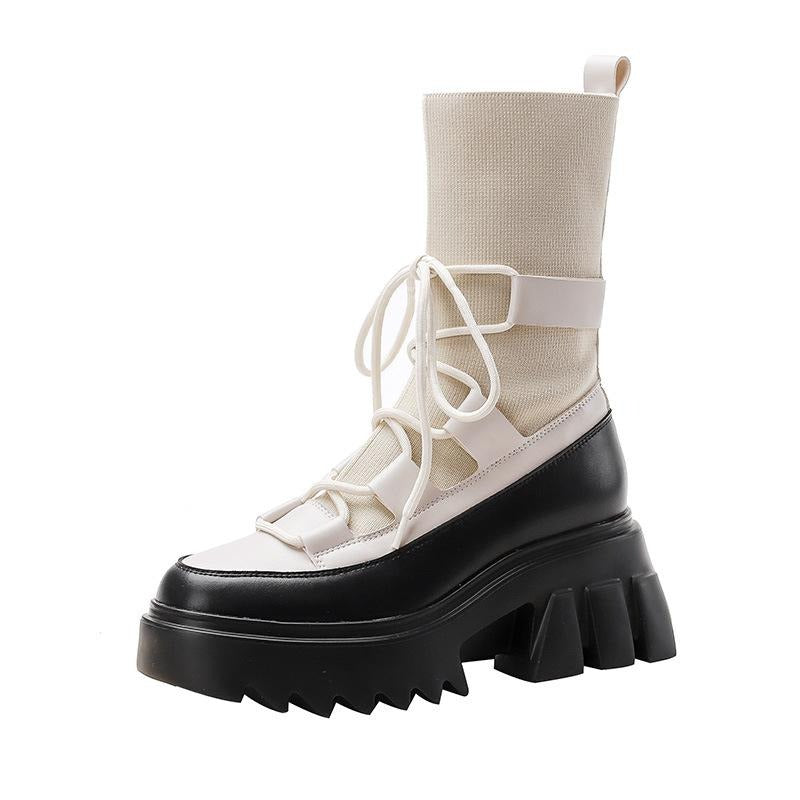 Stylish platform women's lace-up boots in white and black stretch fabric, perfect for punk and grunge fashion.