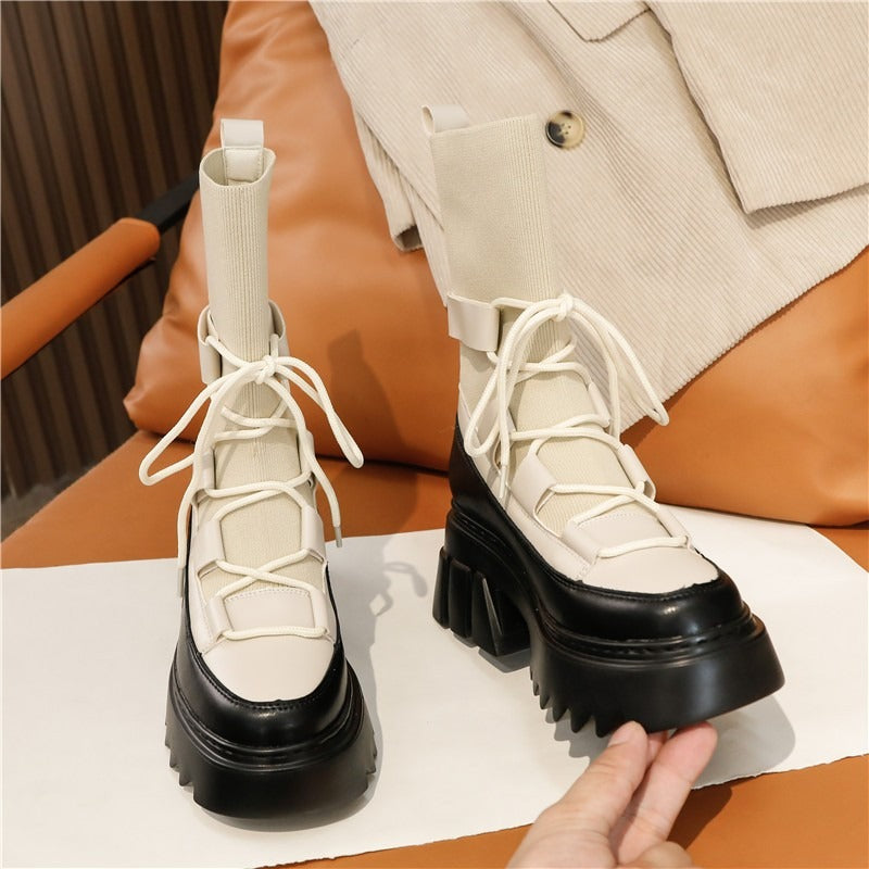 Platform Women's Lace Up Boots / Stretch Genuine Leather Autumn Footwear / Fashion Women Long Boots - HARD'N'HEAVY