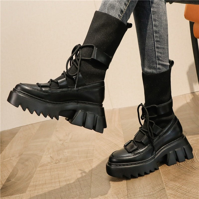 Stylish Platform Women's Lace-Up Boots in chunky black design, perfect for autumn fashion and punk-inspired outfits.