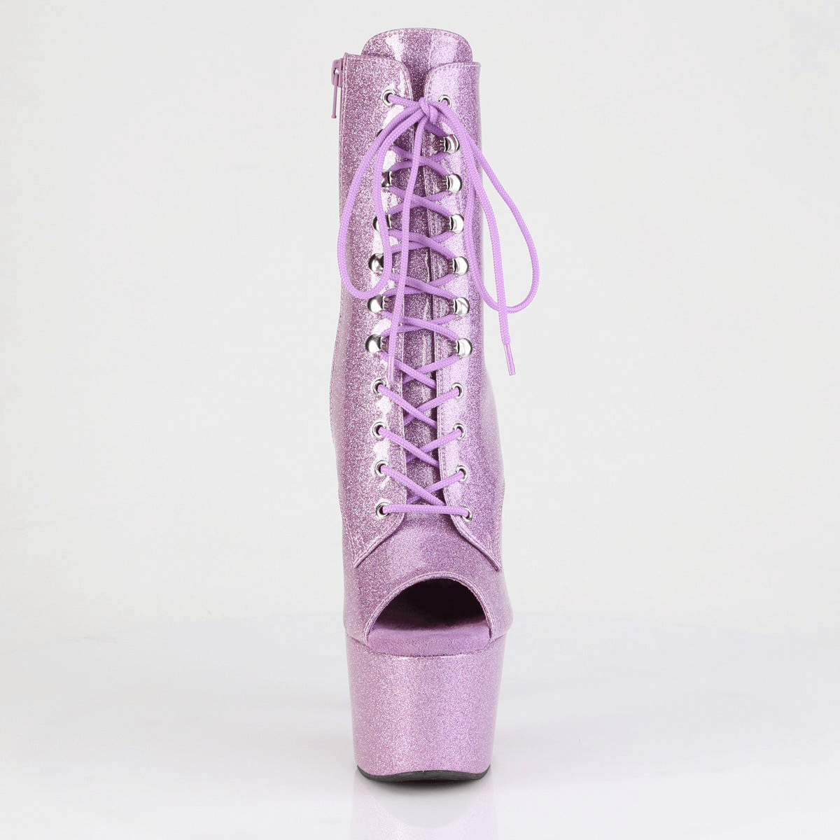 Glittery purple lace-up peep toe platform boots with a stunning 7-inch heel and zipper closure, perfect for glamorous outfits.