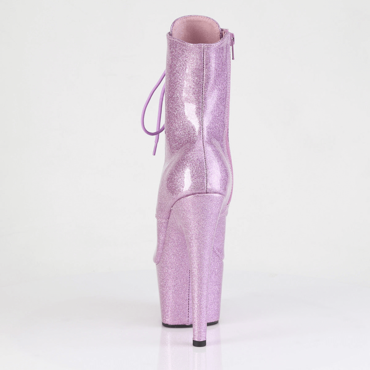 Side view of PLEASER 7-inch glitter lace-up peep toe platform boots in sparkling pink, showcasing tall heel and stylish design.