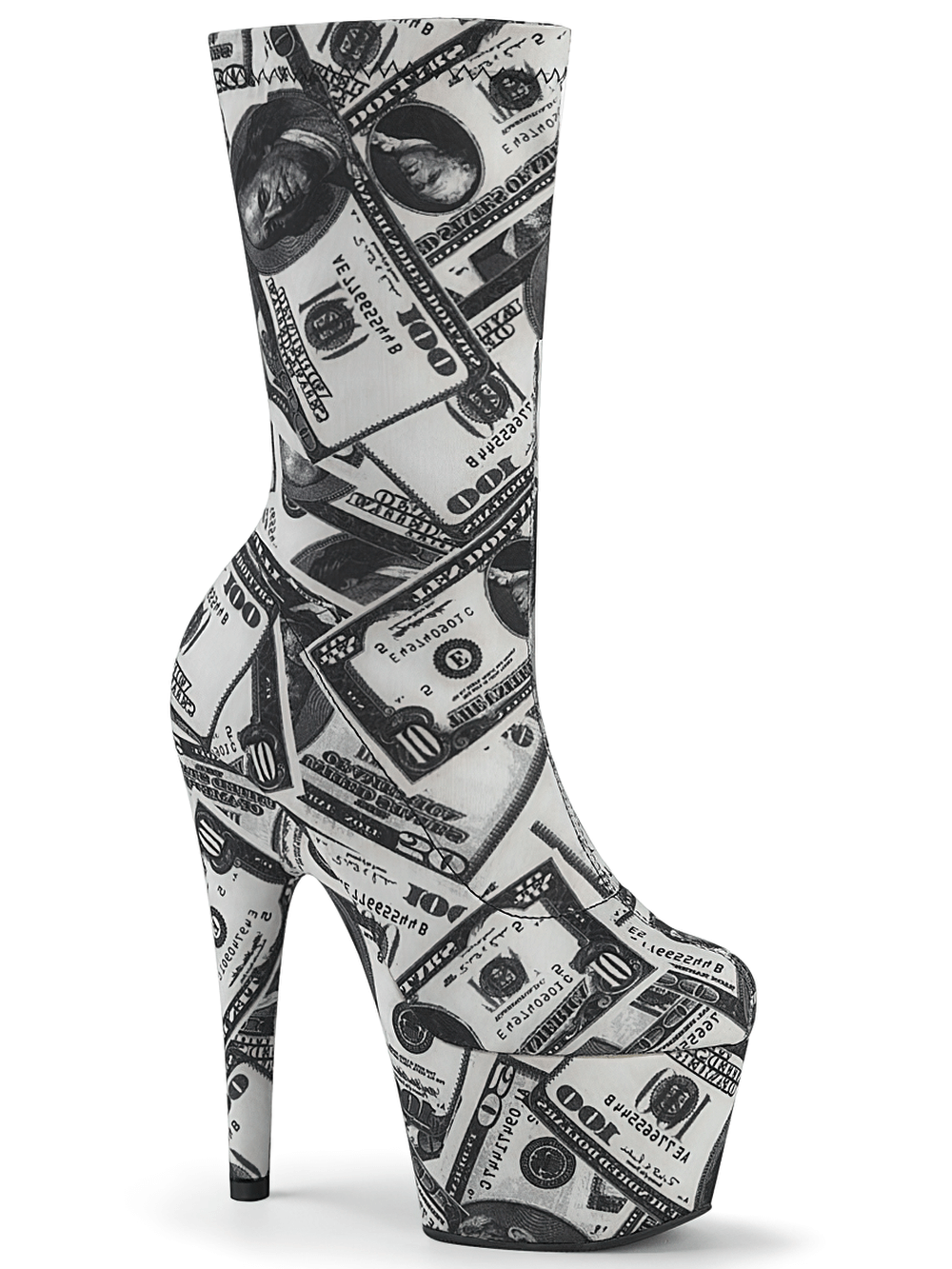 PLEASER 7-Zoll-Absatz-Stiefeletten mit Dollar-Print und Plateau