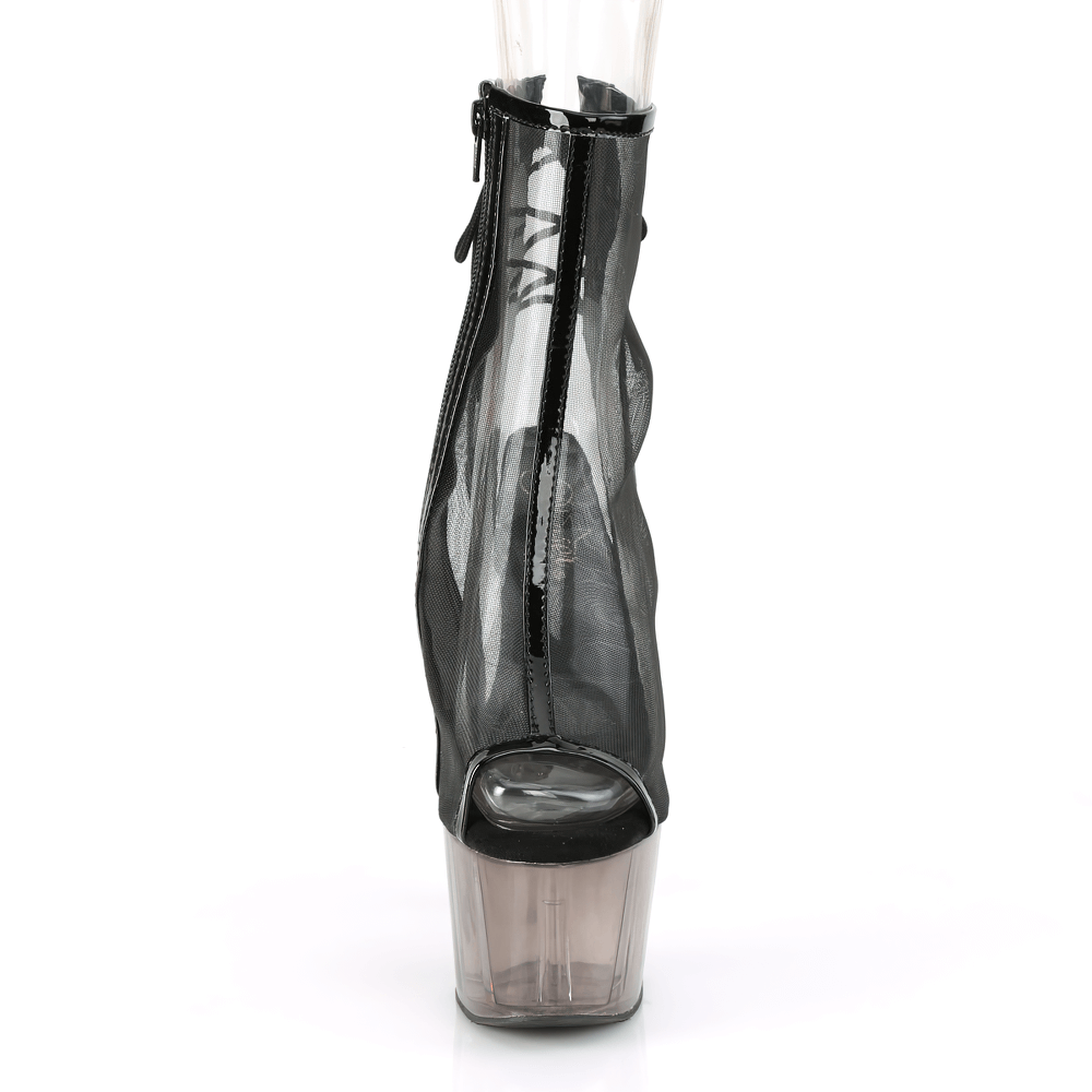 Stylish black and gray lace-up ankle boots with mesh detail and 7-inch heel, featuring an inside zip closure.