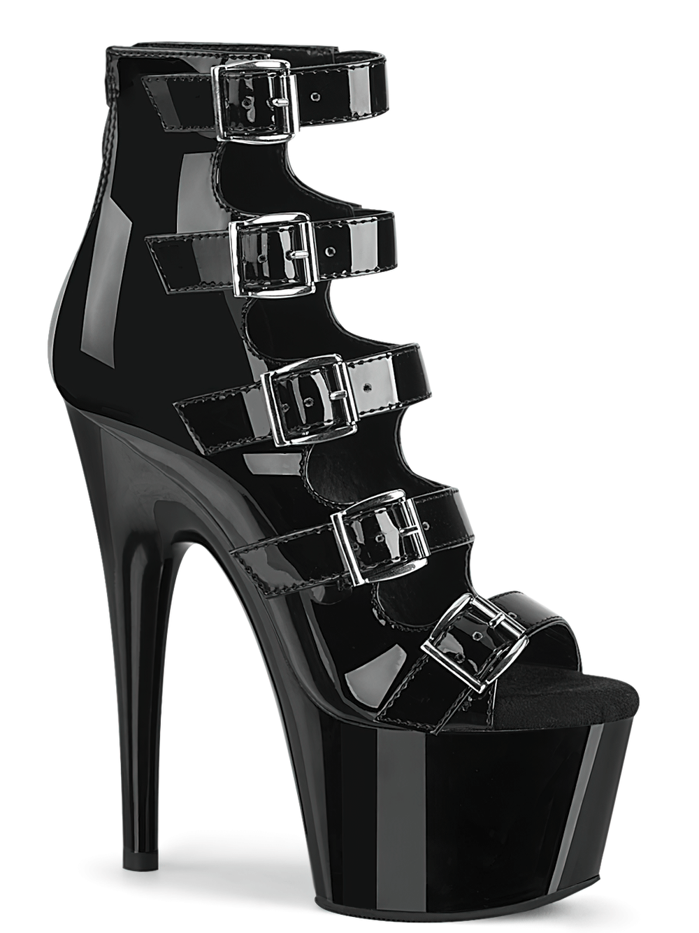 Black patent ankle booties with 7-inch heel and multiple buckle details for a striking look.