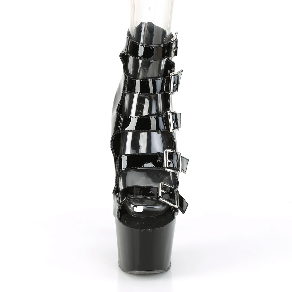 7-inch patent black ankle booties with multiple buckles and open toe, perfect for bold fashion statements.