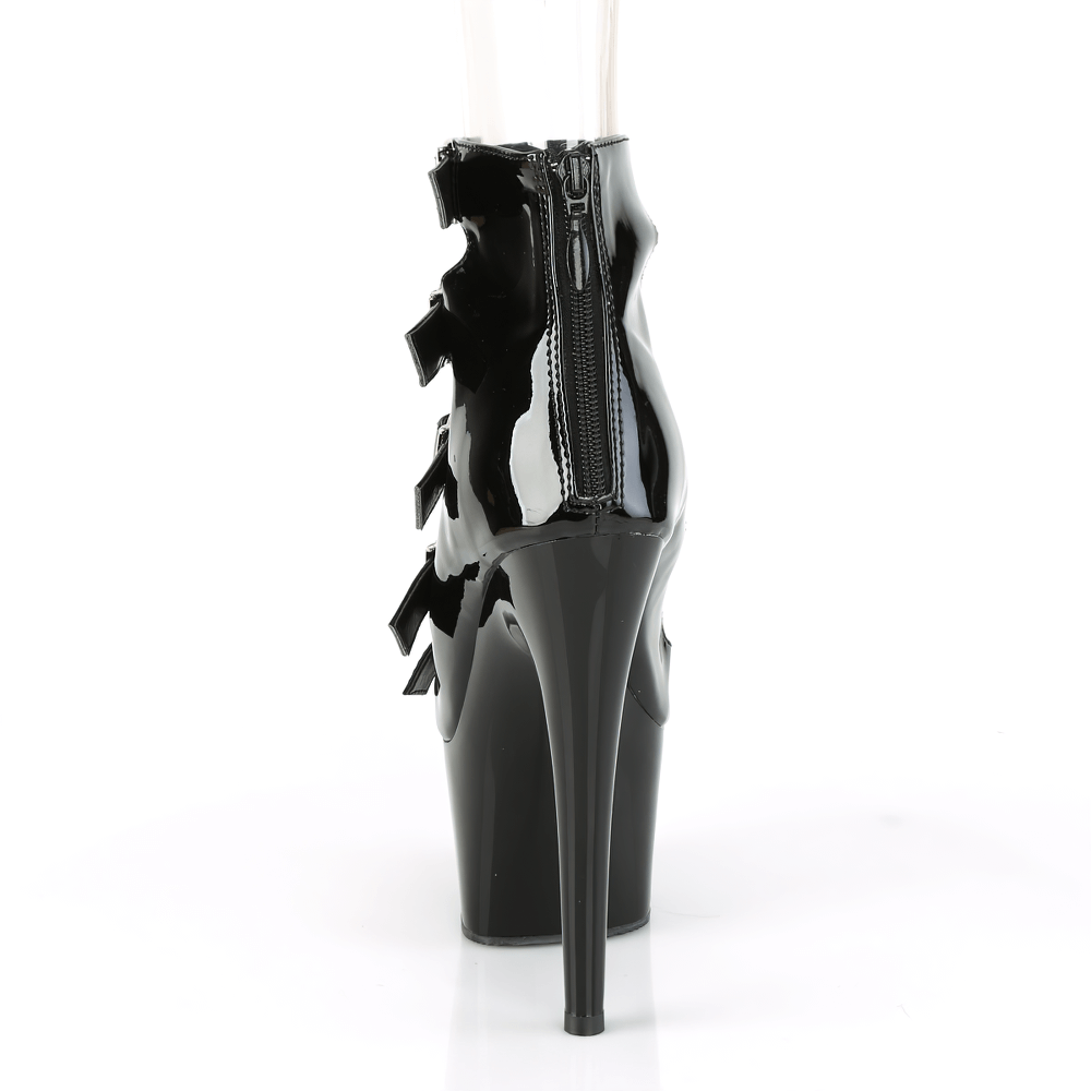 Back view of PLEASER 7-inch black patent ankle booties with multiple buckles and zip closure.
