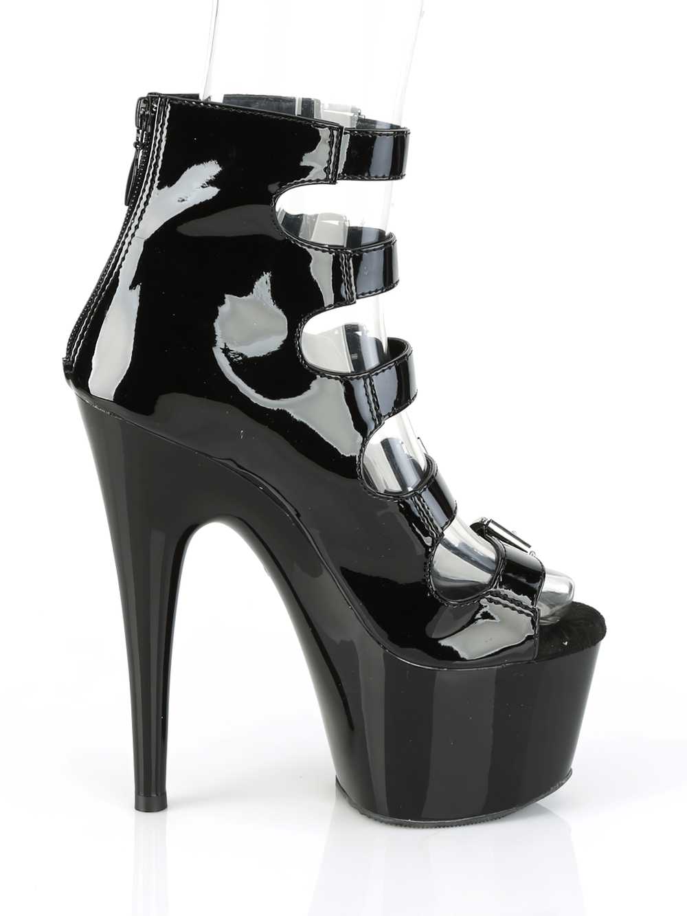 Stylish 7-inch patent black ankle booties with multiple buckles and open toe, perfect for elevating your outfit.