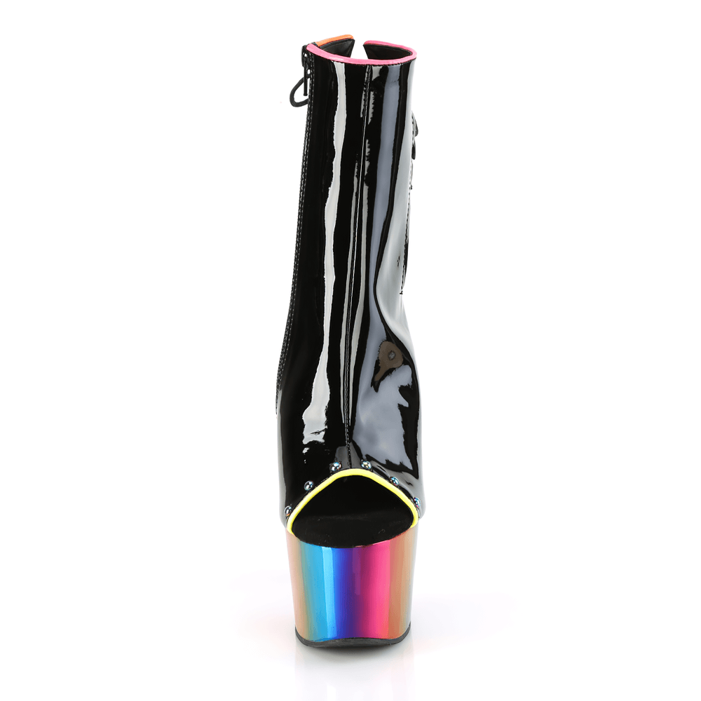 PLEASER 7-Inch Rainbow Chrome Heel Lace-Up Back Ankle Boots