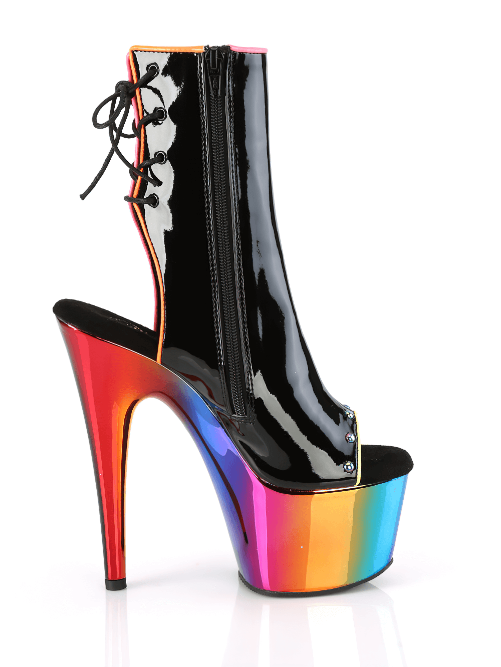 PLEASER 7-Inch Rainbow Chrome Heel Lace-Up Back Ankle Boots