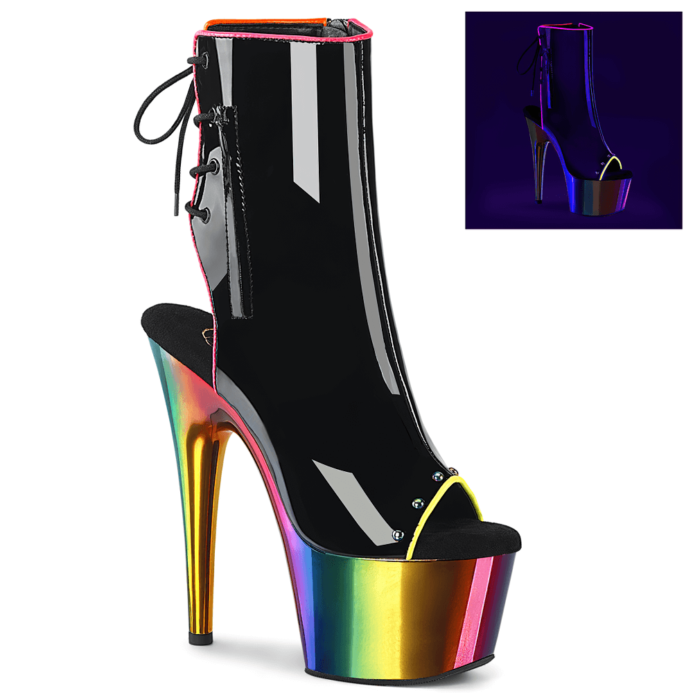 PLEASER 7-Inch Rainbow Chrome Heel Lace-Up Back Ankle Boots