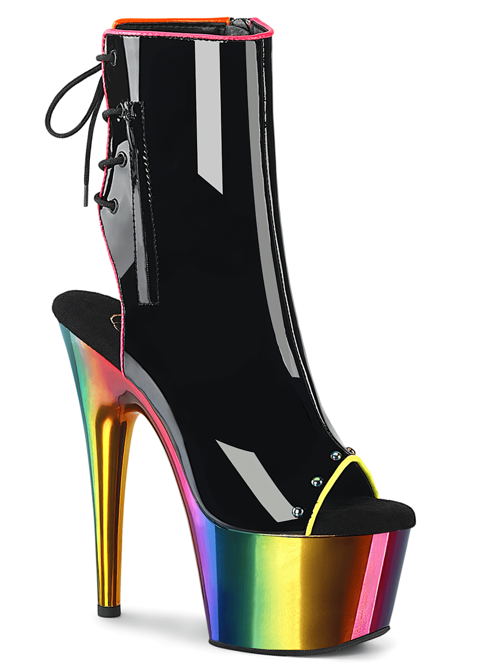 PLEASER 7-Inch Rainbow Chrome Heel Lace-Up Back Ankle Boots