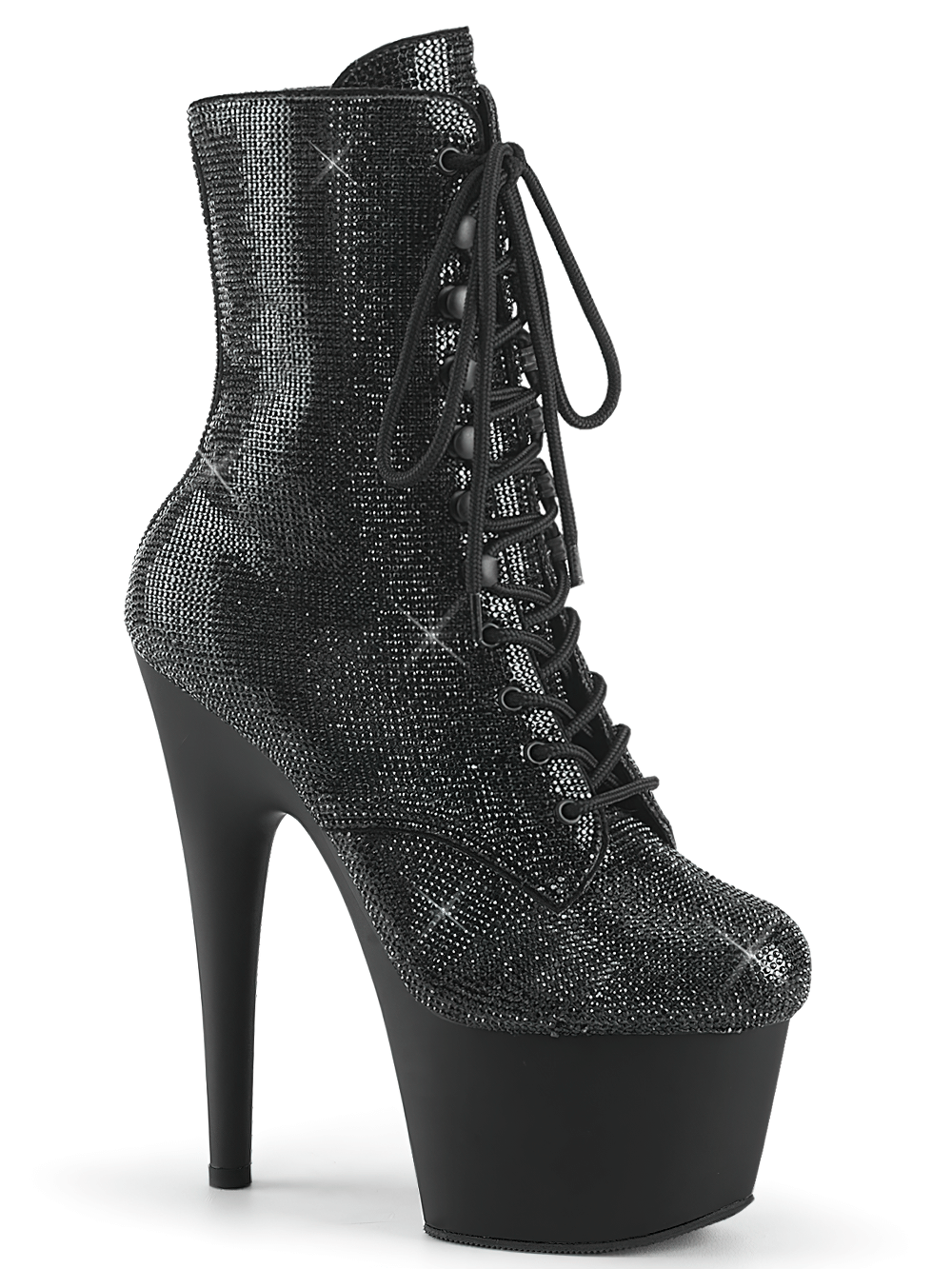 Glamorous 7-inch rhinestone ankle boots with lace-up front and high platform, perfect for making a statement.