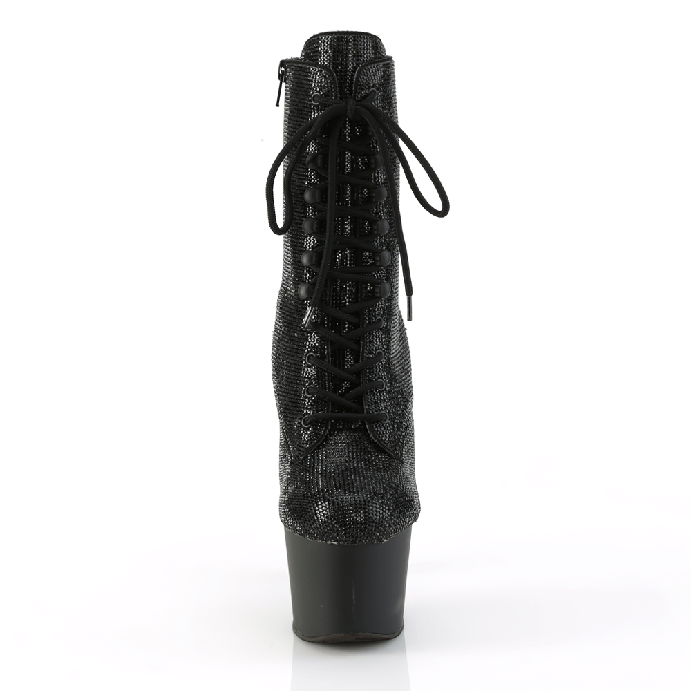 Glamorous 7-inch rhinestone lace-up platform ankle boots with a trendy zip closure and dazzling sparkle.