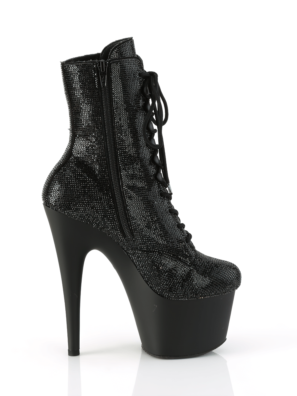 7-inch rhinestone lace-up platform ankle boots in black, with a chic high heel and sleek zip closure, perfect for glamorous looks.