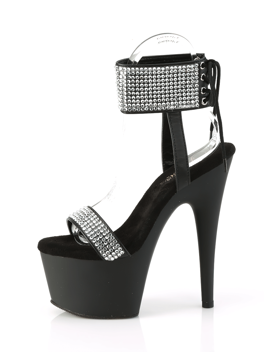 7-inch rhinestone platform heels with lace-up back and black vegan leather for glamorous nights out.