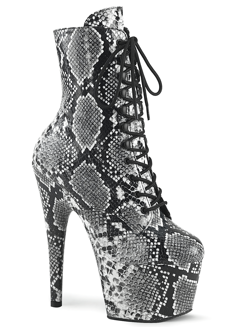 Bold 7-inch snake print lace-up platform ankle boot with side zip and sleek silhouette.
