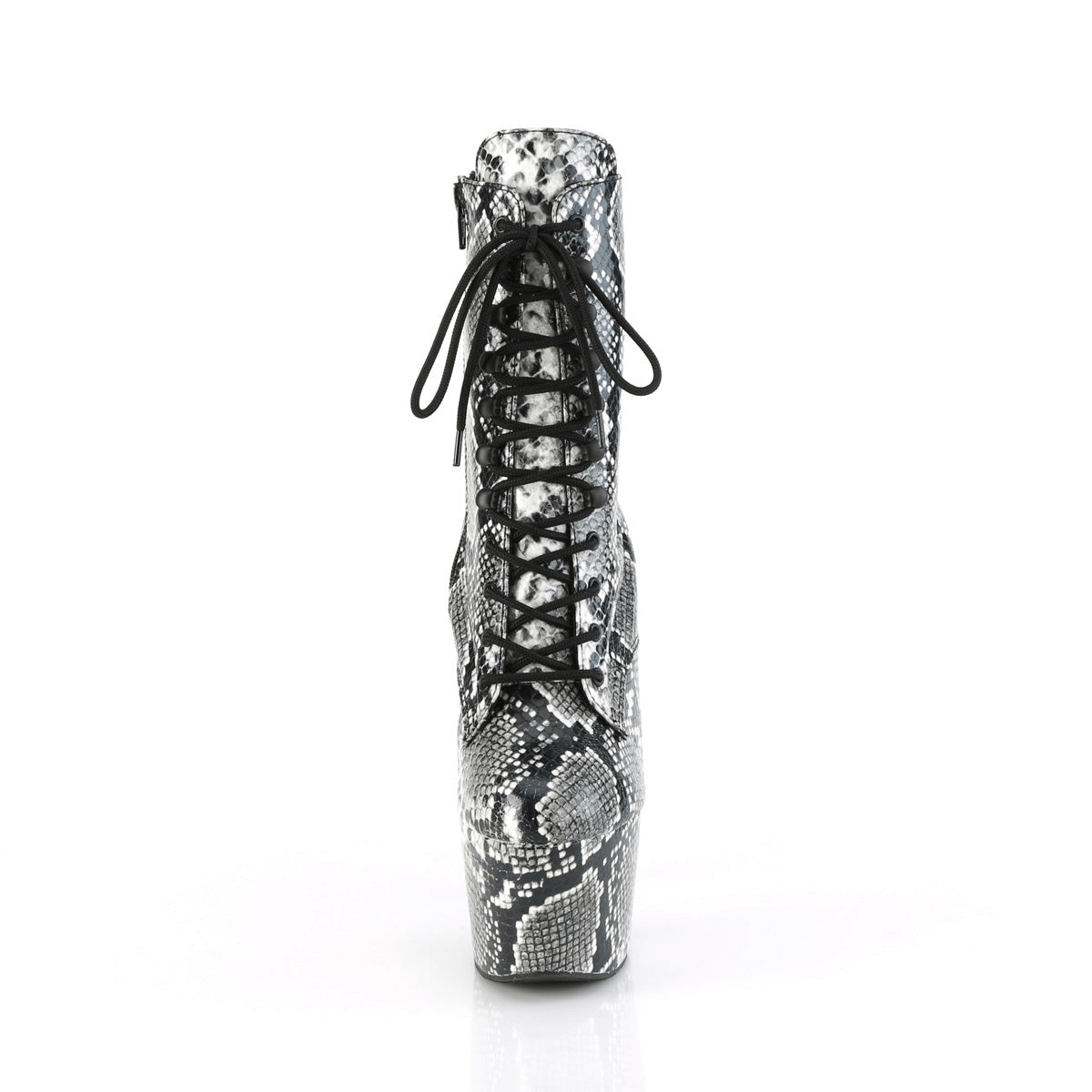 Stylish 7-inch lace-up platform ankle boots with snake print design and side zip for easy wear.