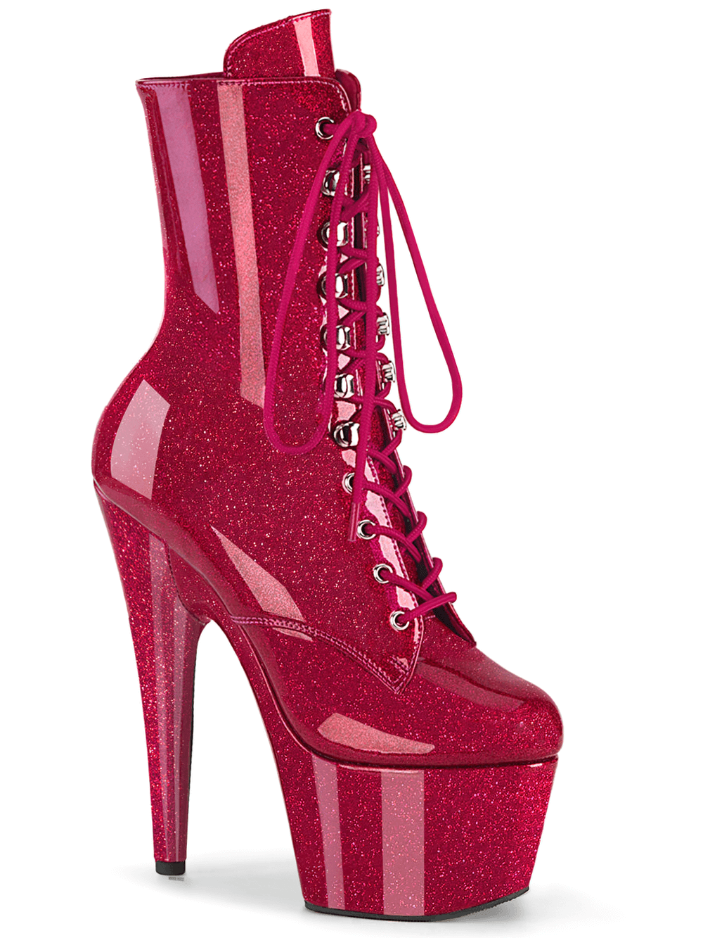 Bold red glitter lace-up platform ankle boots with stiletto heel and side zip for a striking look.