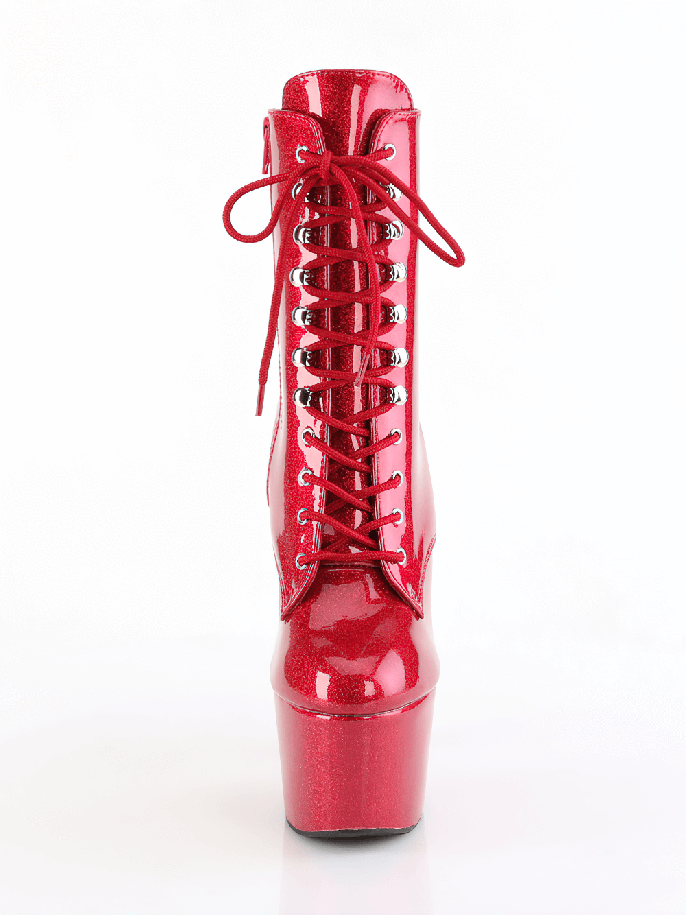 Stylish PLEASER red glitter lace-up platform ankle boots with a bold stiletto heel and shiny finish.