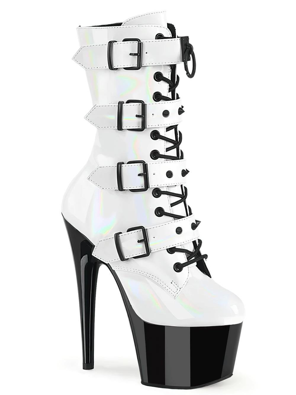 PLEASER two-tone ankle boots featuring buckle straps, lace-up front, and bold 7-inch heel for a stylish edge.