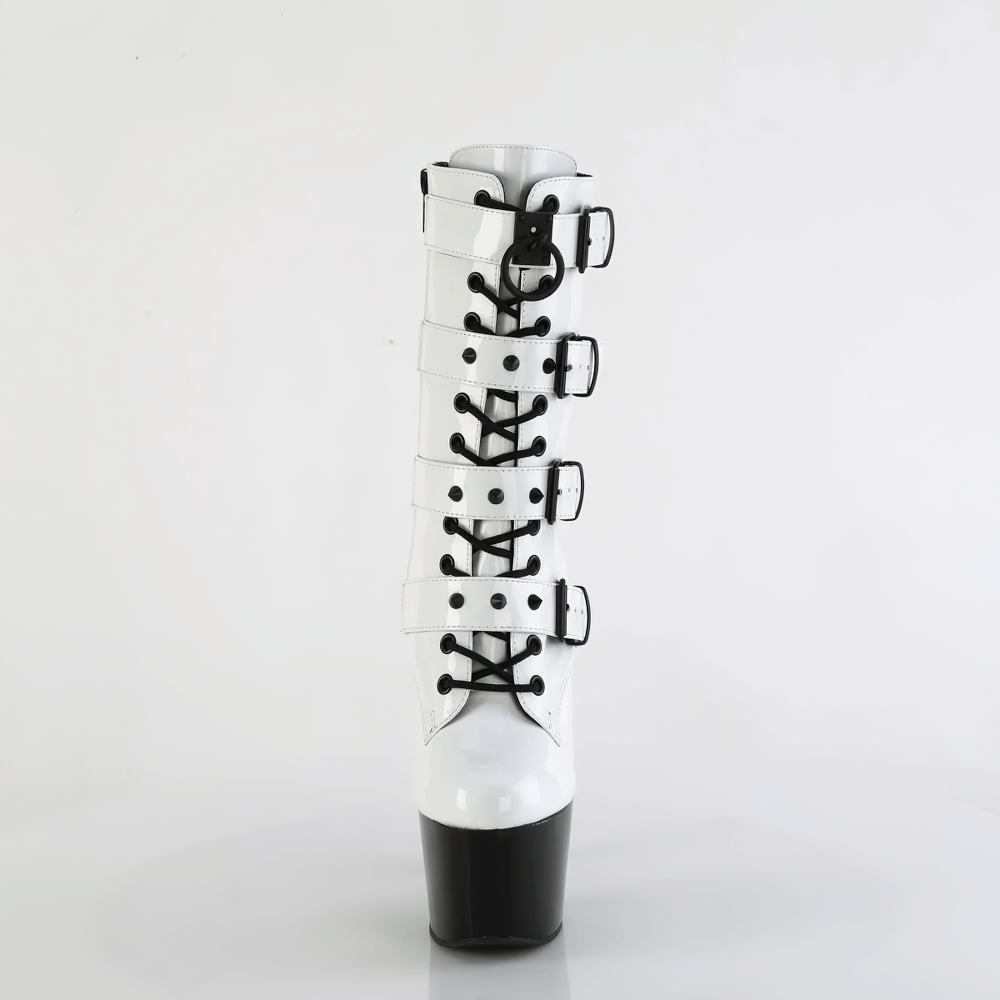 Two-tone Pleaser ankle boots with lace-up front, buckle straps, and 7-inch heels in black and white.