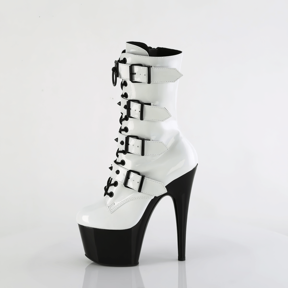 Two-tone Pleaser ankle boots with buckle straps, featuring a sleek white design and bold 7-inch heels.