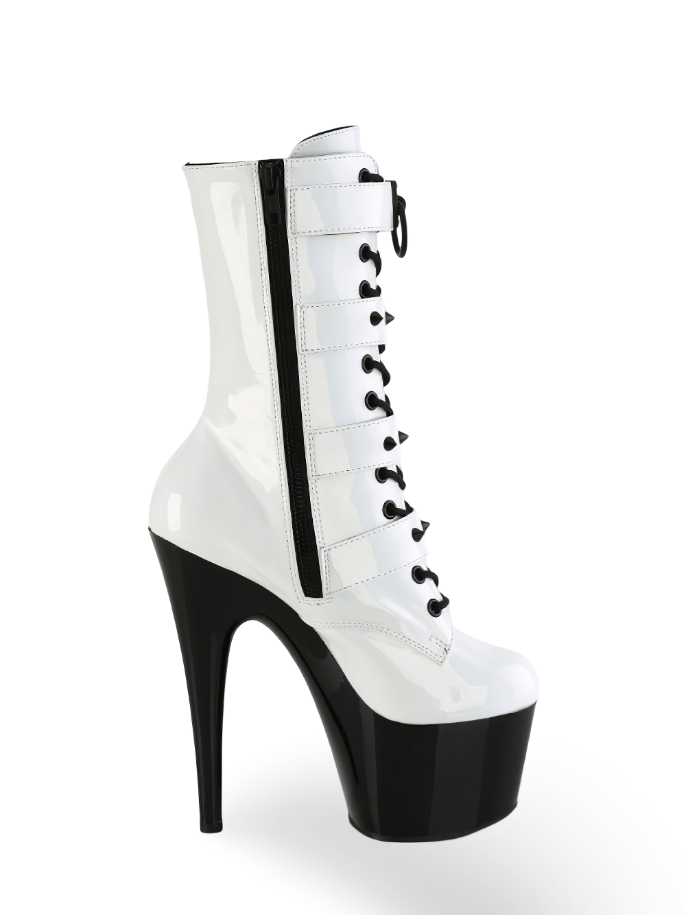 Stylish Pleaser ankle boots featuring a glossy white finish, black platform, and dramatic 7-inch heels with buckle straps.