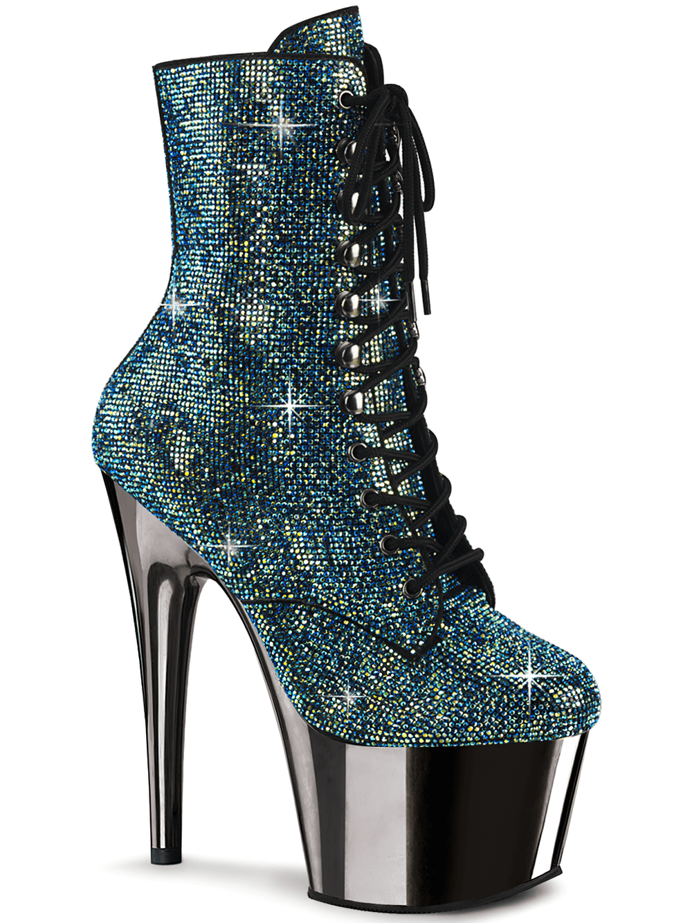 PLEASER Ankle Boots with Chrome Platform and Rhinestones