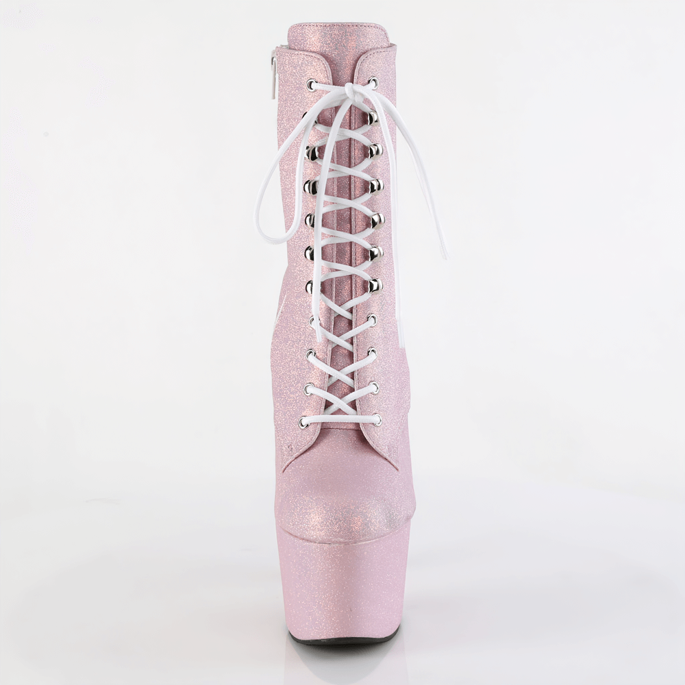 Baby pink glitter ankle boots with lace-up front, 7-inch heel and playful platform for standout style.