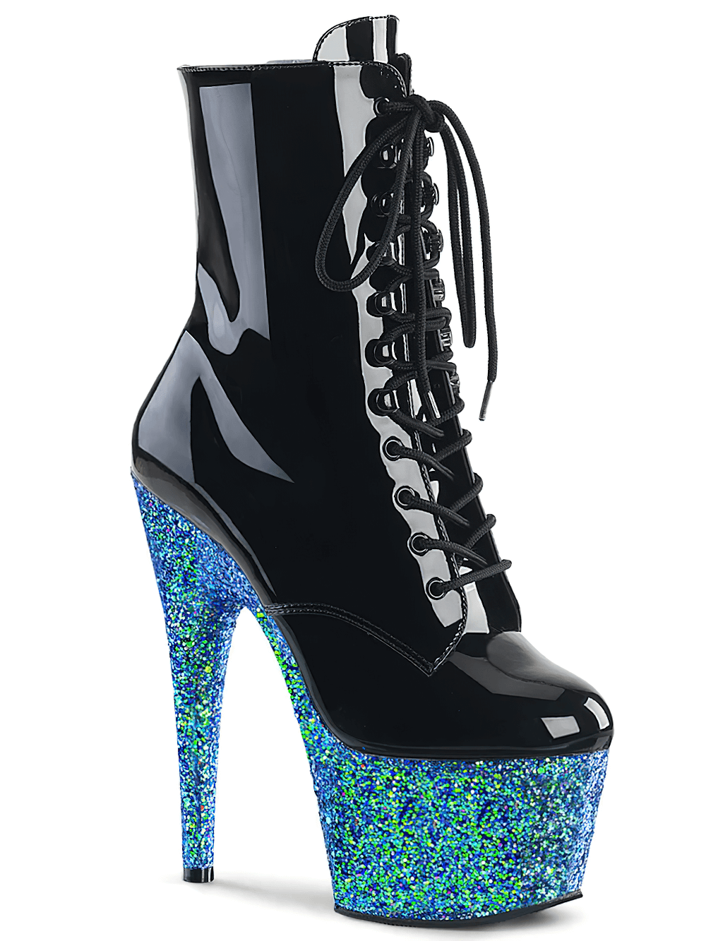 PLEASER Black and Blue Holographic Lace-Up Ankle Boots with glitter platform for women.