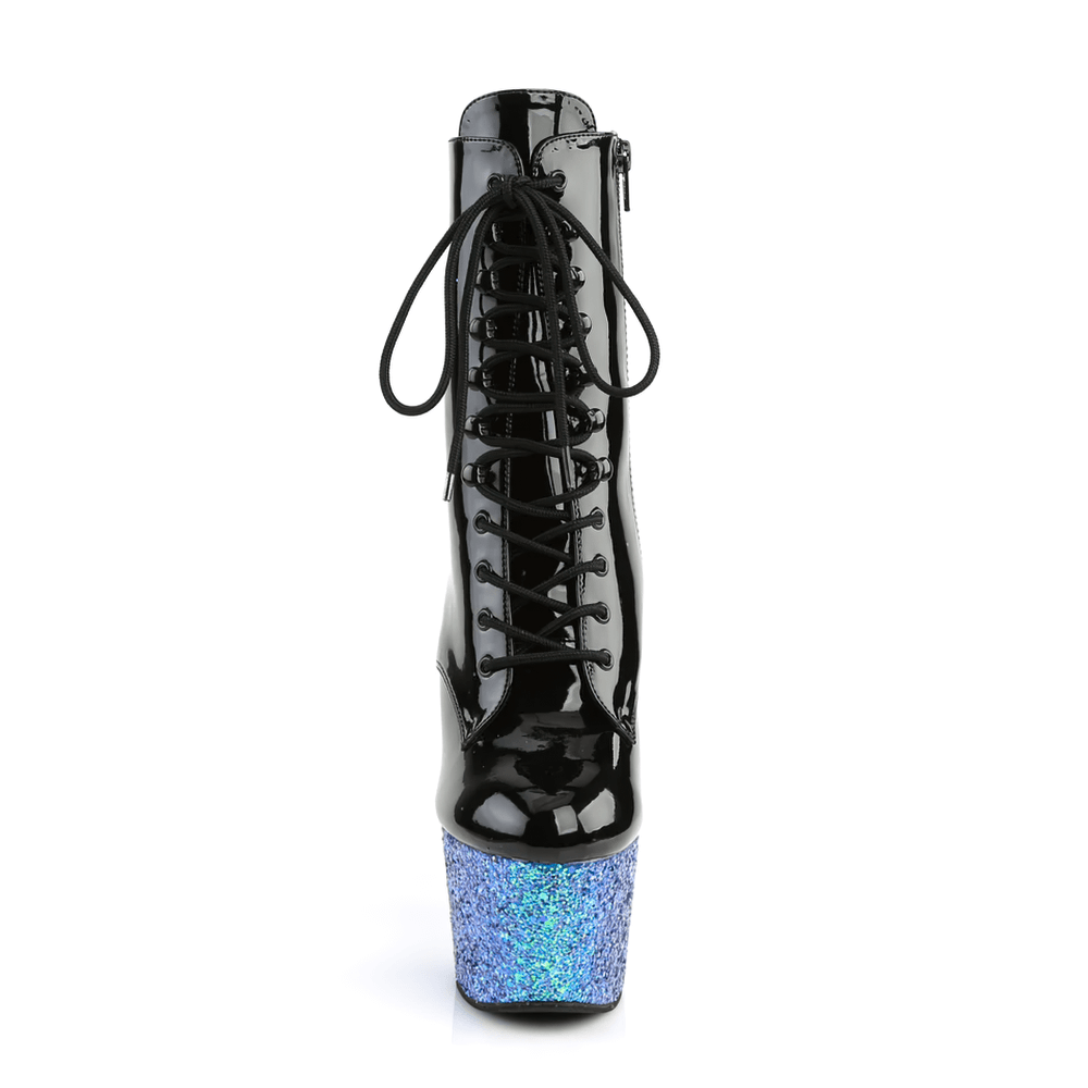 Black and blue holographic lace-up ankle boots with glitter platform and high heel.
