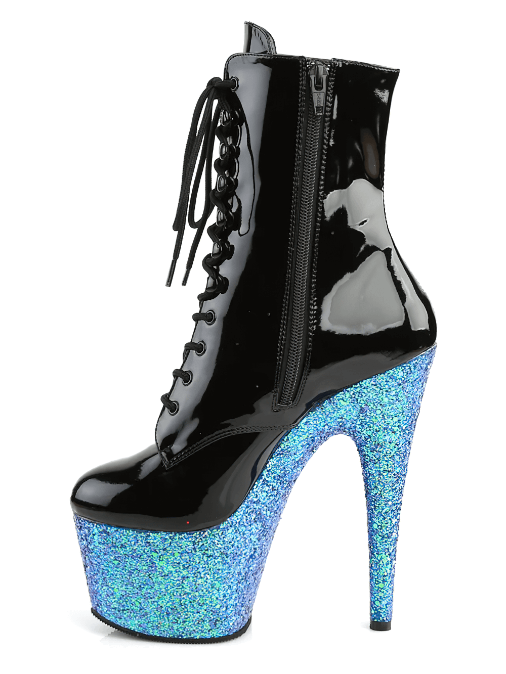 Stylish Pleaser black and blue holographic lace-up ankle boots with glitter platform heels.