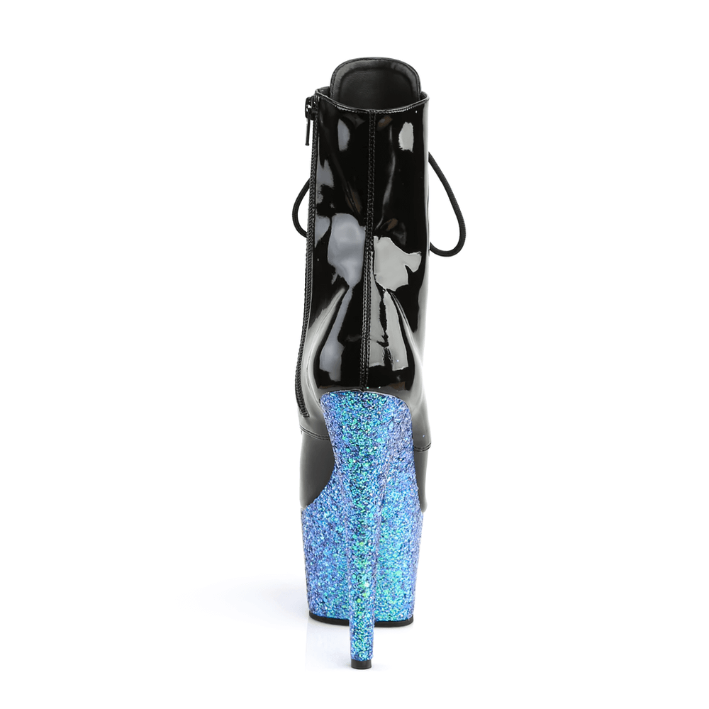 Back view of PLEASER black ankle boots with stunning blue holographic glitter platform and zipper detail.